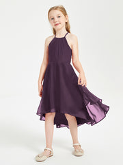 Trendy Tea Length Junior Bridesmaid Dresses Asymmetrical Skirt Plum
