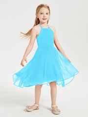 Trendy Tea Length Junior Bridesmaid Dresses Asymmetrical Skirt Pool