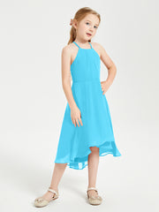 Trendy Tea Length Junior Bridesmaid Dresses Asymmetrical Skirt Pool