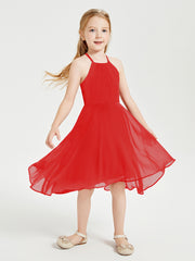 Trendy Tea Length Junior Bridesmaid Dresses Asymmetrical Skirt Red