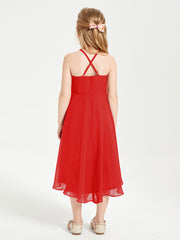 Trendy Tea Length Junior Bridesmaid Dresses Asymmetrical Skirt Red