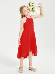 Trendy Tea Length Junior Bridesmaid Dresses Asymmetrical Skirt Red