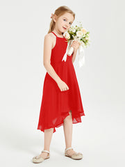 Trendy Tea Length Junior Bridesmaid Dresses Asymmetrical Skirt Red
