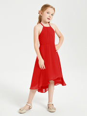 Trendy Tea Length Junior Bridesmaid Dresses Asymmetrical Skirt Red