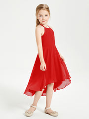 Trendy Tea Length Junior Bridesmaid Dresses Asymmetrical Skirt Red