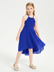 Trendy Tea Length Junior Bridesmaid Dresses Asymmetrical Skirt Royal Blue