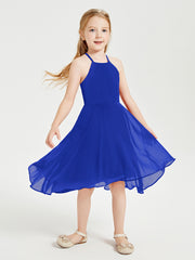 Trendy Tea Length Junior Bridesmaid Dresses Asymmetrical Skirt Royal Blue