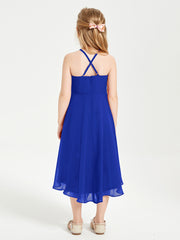 Trendy Tea Length Junior Bridesmaid Dresses Asymmetrical Skirt Royal Blue