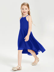 Trendy Tea Length Junior Bridesmaid Dresses Asymmetrical Skirt Royal Blue
