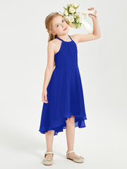 Trendy Tea Length Junior Bridesmaid Dresses Asymmetrical Skirt Royal Blue