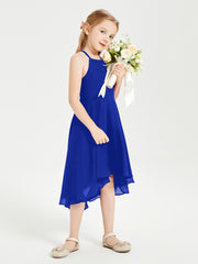 Trendy Tea Length Junior Bridesmaid Dresses Asymmetrical Skirt Royal Blue