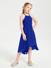 Trendy Tea Length Junior Bridesmaid Dresses Asymmetrical Skirt Royal Blue