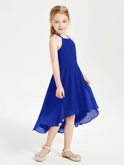 Trendy Tea Length Junior Bridesmaid Dresses Asymmetrical Skirt Royal Blue