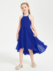 Trendy Tea Length Junior Bridesmaid Dresses Asymmetrical Skirt Royal Blue