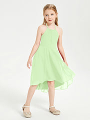 Trendy Tea Length Junior Bridesmaid Dresses Asymmetrical Skirt Sage