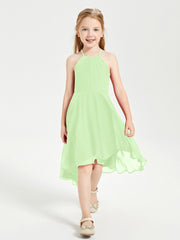 Trendy Tea Length Junior Bridesmaid Dresses Asymmetrical Skirt Sage