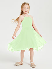 Trendy Tea Length Junior Bridesmaid Dresses Asymmetrical Skirt Sage