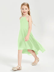 Trendy Tea Length Junior Bridesmaid Dresses Asymmetrical Skirt Sage