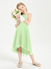 Trendy Tea Length Junior Bridesmaid Dresses Asymmetrical Skirt Sage