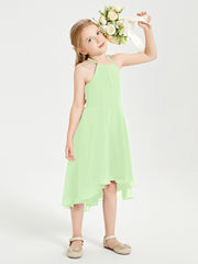 Trendy Tea Length Junior Bridesmaid Dresses Asymmetrical Skirt Sage