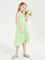 Trendy Tea Length Junior Bridesmaid Dresses Asymmetrical Skirt Sage