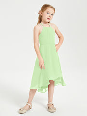 Trendy Tea Length Junior Bridesmaid Dresses Asymmetrical Skirt Sage