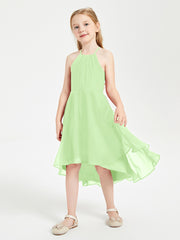Trendy Tea Length Junior Bridesmaid Dresses Asymmetrical Skirt Sage