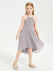 Trendy Tea Length Junior Bridesmaid Dresses Asymmetrical Skirt Silver