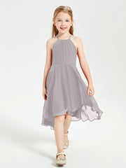 Trendy Tea Length Junior Bridesmaid Dresses Asymmetrical Skirt Silver