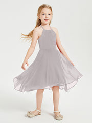 Trendy Tea Length Junior Bridesmaid Dresses Asymmetrical Skirt Silver