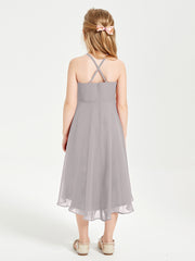 Trendy Tea Length Junior Bridesmaid Dresses Asymmetrical Skirt Silver