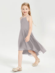 Trendy Tea Length Junior Bridesmaid Dresses Asymmetrical Skirt Silver