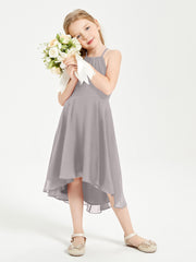 Trendy Tea Length Junior Bridesmaid Dresses Asymmetrical Skirt Silver