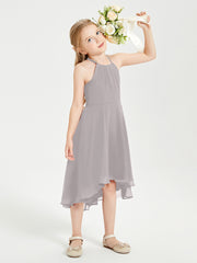Trendy Tea Length Junior Bridesmaid Dresses Asymmetrical Skirt Silver