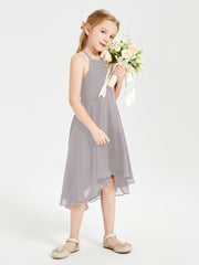 Trendy Tea Length Junior Bridesmaid Dresses Asymmetrical Skirt Silver