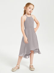 Trendy Tea Length Junior Bridesmaid Dresses Asymmetrical Skirt Silver