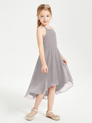 Trendy Tea Length Junior Bridesmaid Dresses Asymmetrical Skirt Silver