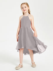 Trendy Tea Length Junior Bridesmaid Dresses Asymmetrical Skirt Silver