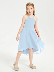 Trendy Tea Length Junior Bridesmaid Dresses Asymmetrical Skirt Sky Blue
