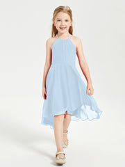 Trendy Tea Length Junior Bridesmaid Dresses Asymmetrical Skirt Sky Blue