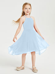 Trendy Tea Length Junior Bridesmaid Dresses Asymmetrical Skirt Sky Blue