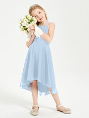 Trendy Tea Length Junior Bridesmaid Dresses Asymmetrical Skirt Sky Blue