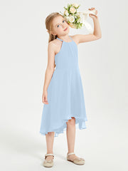 Trendy Tea Length Junior Bridesmaid Dresses Asymmetrical Skirt Sky Blue
