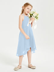 Trendy Tea Length Junior Bridesmaid Dresses Asymmetrical Skirt Sky Blue