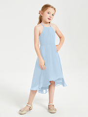 Trendy Tea Length Junior Bridesmaid Dresses Asymmetrical Skirt Sky Blue