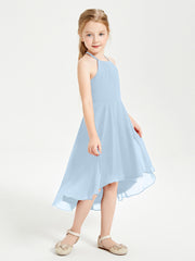 Trendy Tea Length Junior Bridesmaid Dresses Asymmetrical Skirt Sky Blue