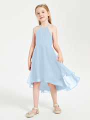 Trendy Tea Length Junior Bridesmaid Dresses Asymmetrical Skirt Sky Blue