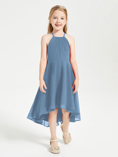 Trendy Tea Length Junior Bridesmaid Dresses Asymmetrical Skirt Slate Blue