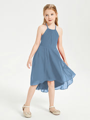 Trendy Tea Length Junior Bridesmaid Dresses Asymmetrical Skirt Slate Blue