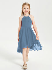 Trendy Tea Length Junior Bridesmaid Dresses Asymmetrical Skirt Slate Blue